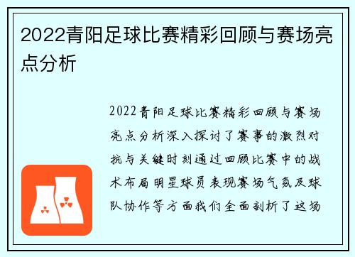 2022青阳足球比赛精彩回顾与赛场亮点分析