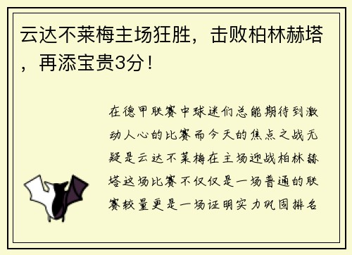 云达不莱梅主场狂胜，击败柏林赫塔，再添宝贵3分！