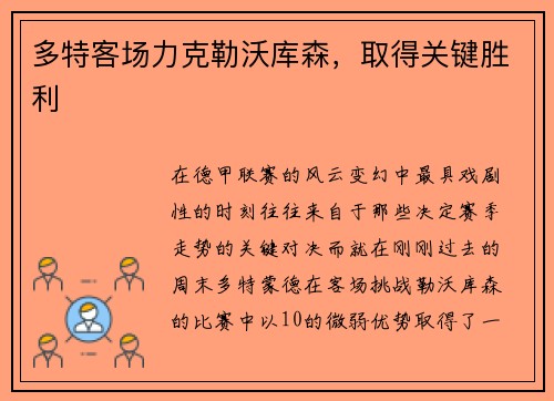 多特客场力克勒沃库森，取得关键胜利