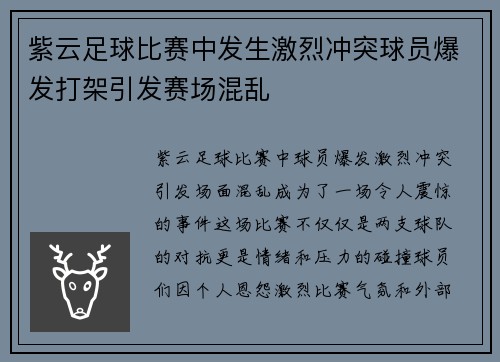 紫云足球比赛中发生激烈冲突球员爆发打架引发赛场混乱