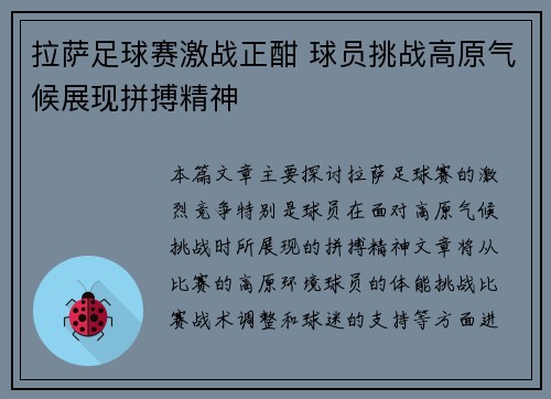 拉萨足球赛激战正酣 球员挑战高原气候展现拼搏精神